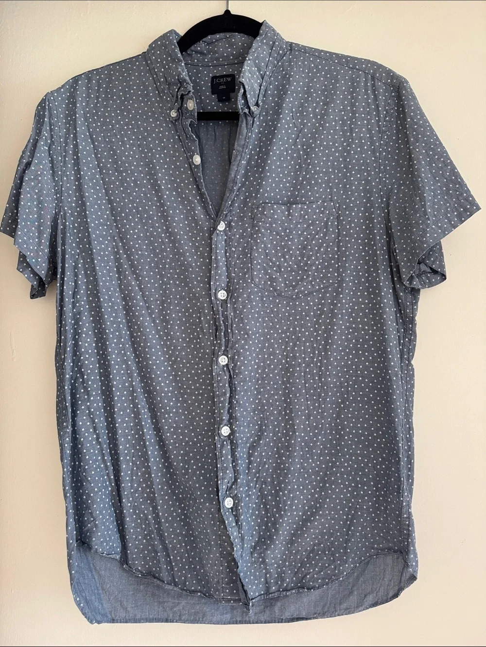 J. Crew Men’s Short-Sleeve Button-Down Shirt in Dusty Blue with White Dot Print